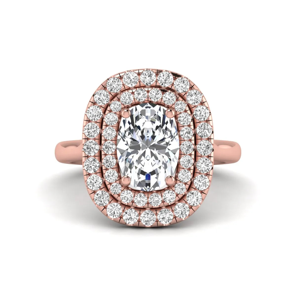 IGI certified oval cut lab grown diamond double halo engagement ring with round accent diamonds in rose gold.