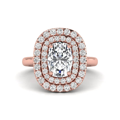 IGI certified oval cut lab grown diamond double halo engagement ring with round accent diamonds in rose gold.