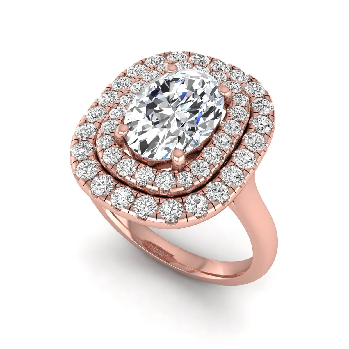 IGI certified oval cut lab grown diamond double halo engagement ring with round accent diamonds in rose gold.
