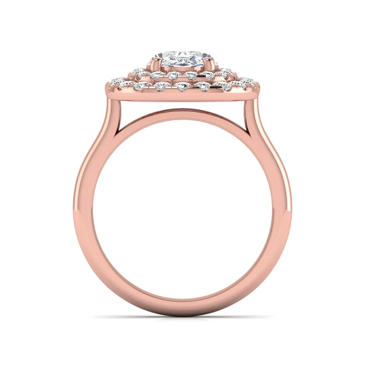 IGI certified oval cut lab grown diamond double halo engagement ring with round accent diamonds in rose gold.
