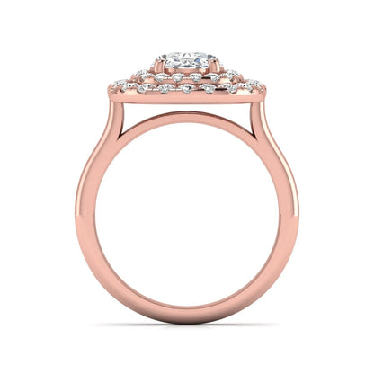 IGI certified oval cut lab grown diamond double halo engagement ring with round accent diamonds in rose gold.