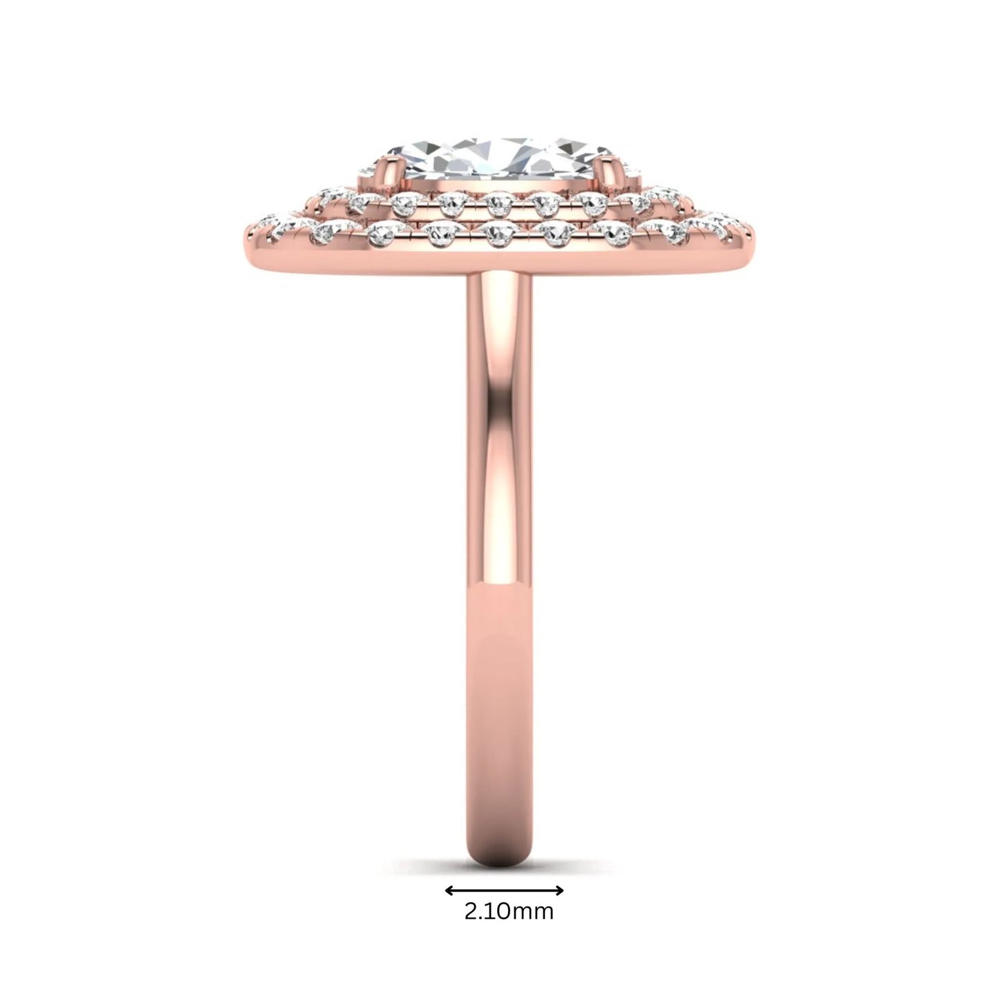 IGI certified oval cut lab grown diamond double halo engagement ring with round accent diamonds in rose gold.