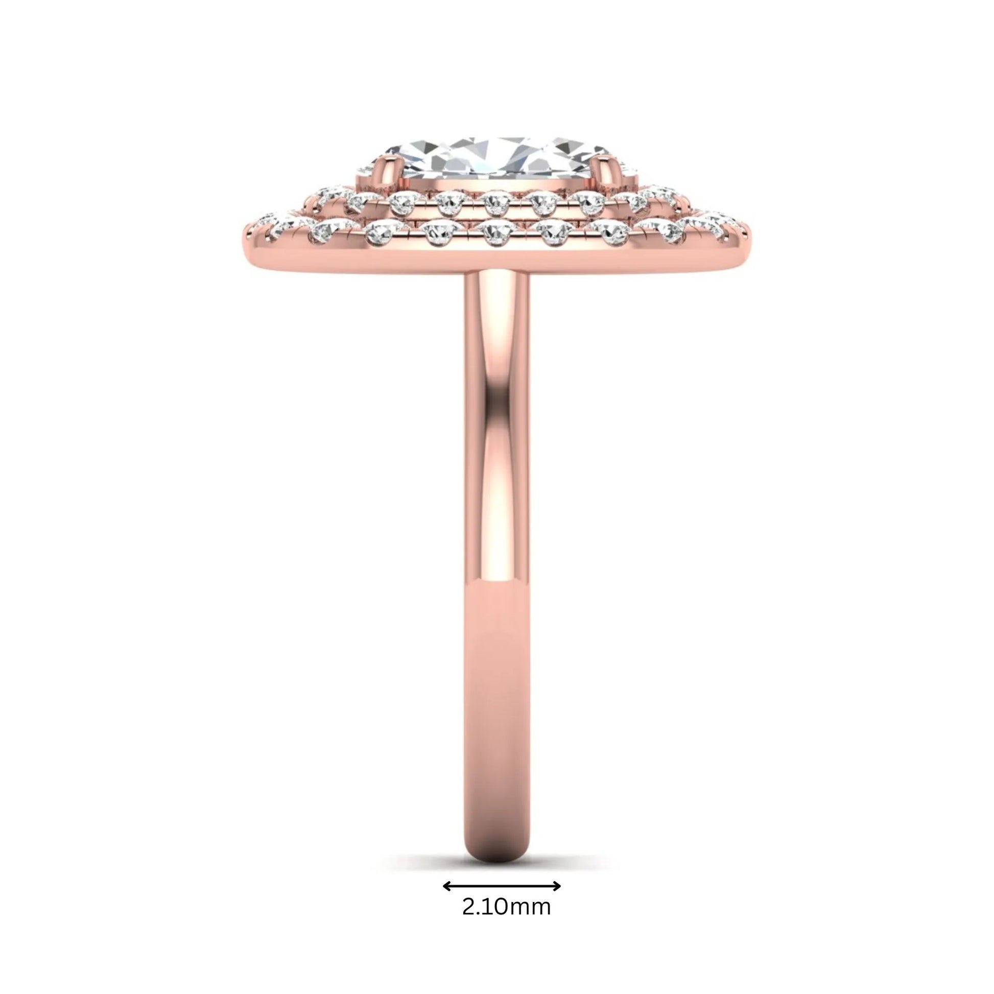 IGI certified oval cut lab grown diamond double halo engagement ring with round accent diamonds in rose gold.