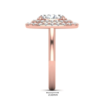 IGI certified oval cut lab grown diamond double halo engagement ring with round accent diamonds in rose gold.