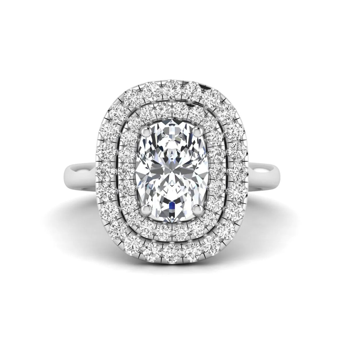 IGI certified oval cut lab grown diamond double halo engagement ring with round accent diamonds in white gold.