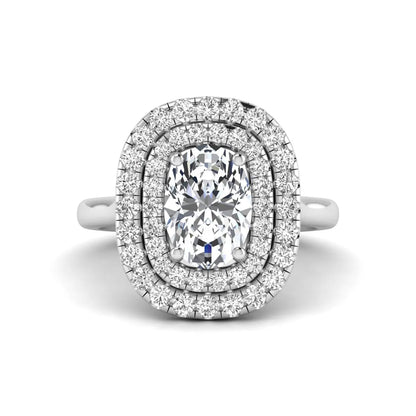 IGI certified oval cut lab grown diamond double halo engagement ring with round accent diamonds in white gold.