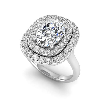 IGI certified oval cut lab grown diamond double halo engagement ring with round accent diamonds in white gold.