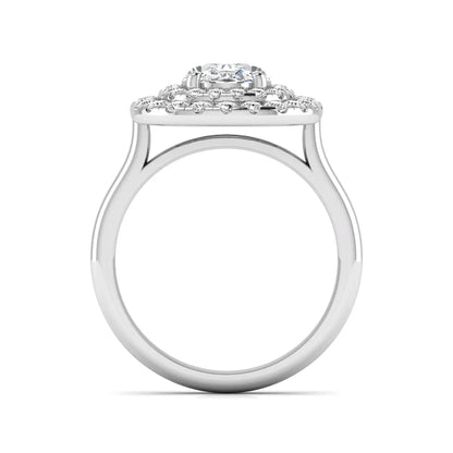 IGI certified oval cut lab grown diamond double halo engagement ring with round accent diamonds in white gold.