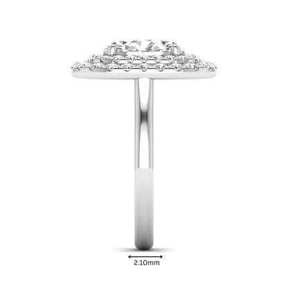 IGI certified oval cut lab grown diamond double halo engagement ring with round accent diamonds in white gold.
