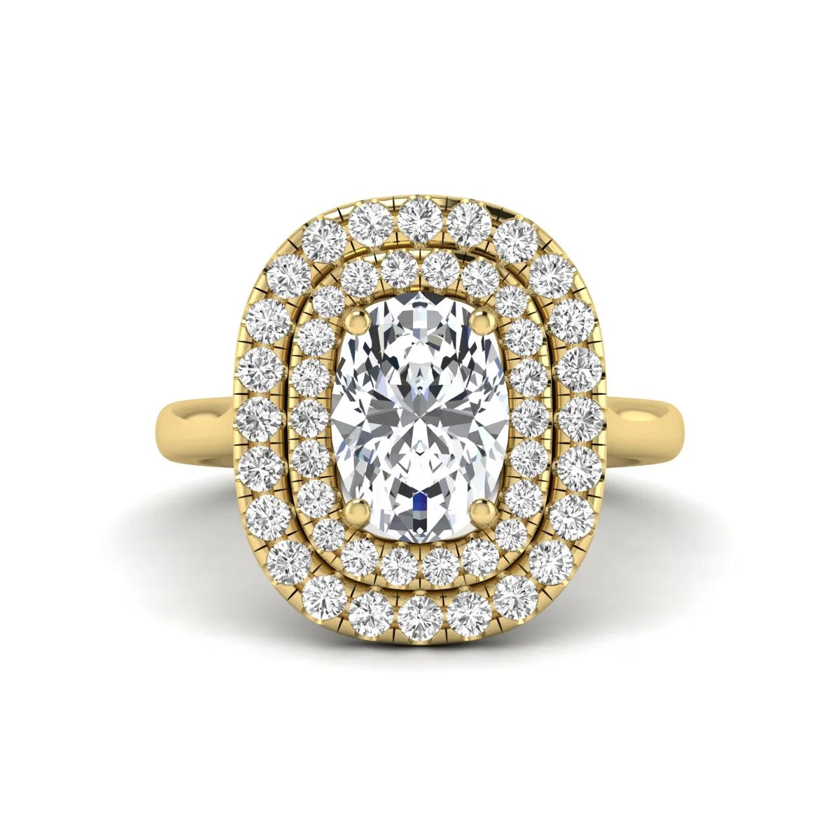IGI certified oval cut lab grown diamond double halo engagement ring with round accent diamonds in yellow gold.