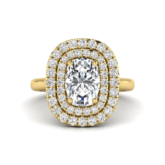 IGI certified oval cut lab grown diamond double halo engagement ring with round accent diamonds in yellow gold.