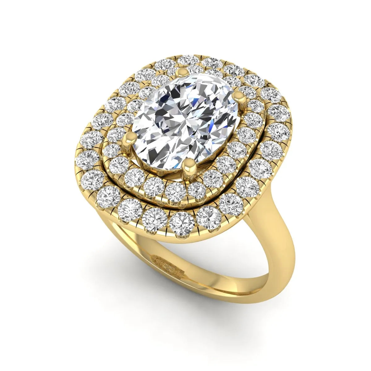 IGI certified oval cut lab grown diamond double halo engagement ring with round accent diamonds in yellow gold.