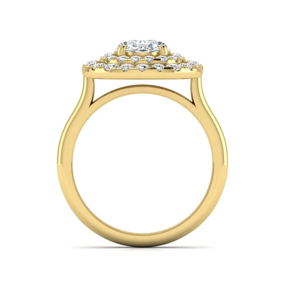 IGI certified oval cut lab grown diamond double halo engagement ring with round accent diamonds in yellow gold.