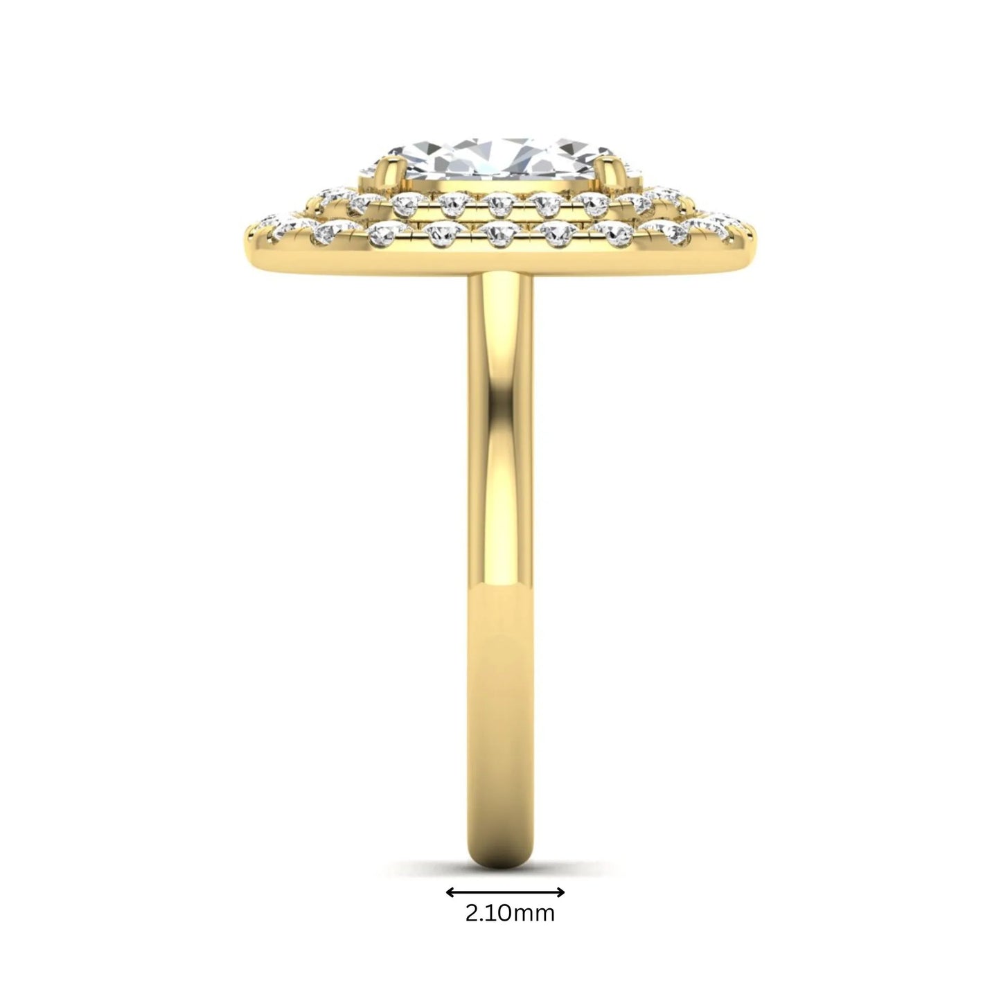 IGI certified oval cut lab grown diamond double halo engagement ring with round accent diamonds in yellow gold.