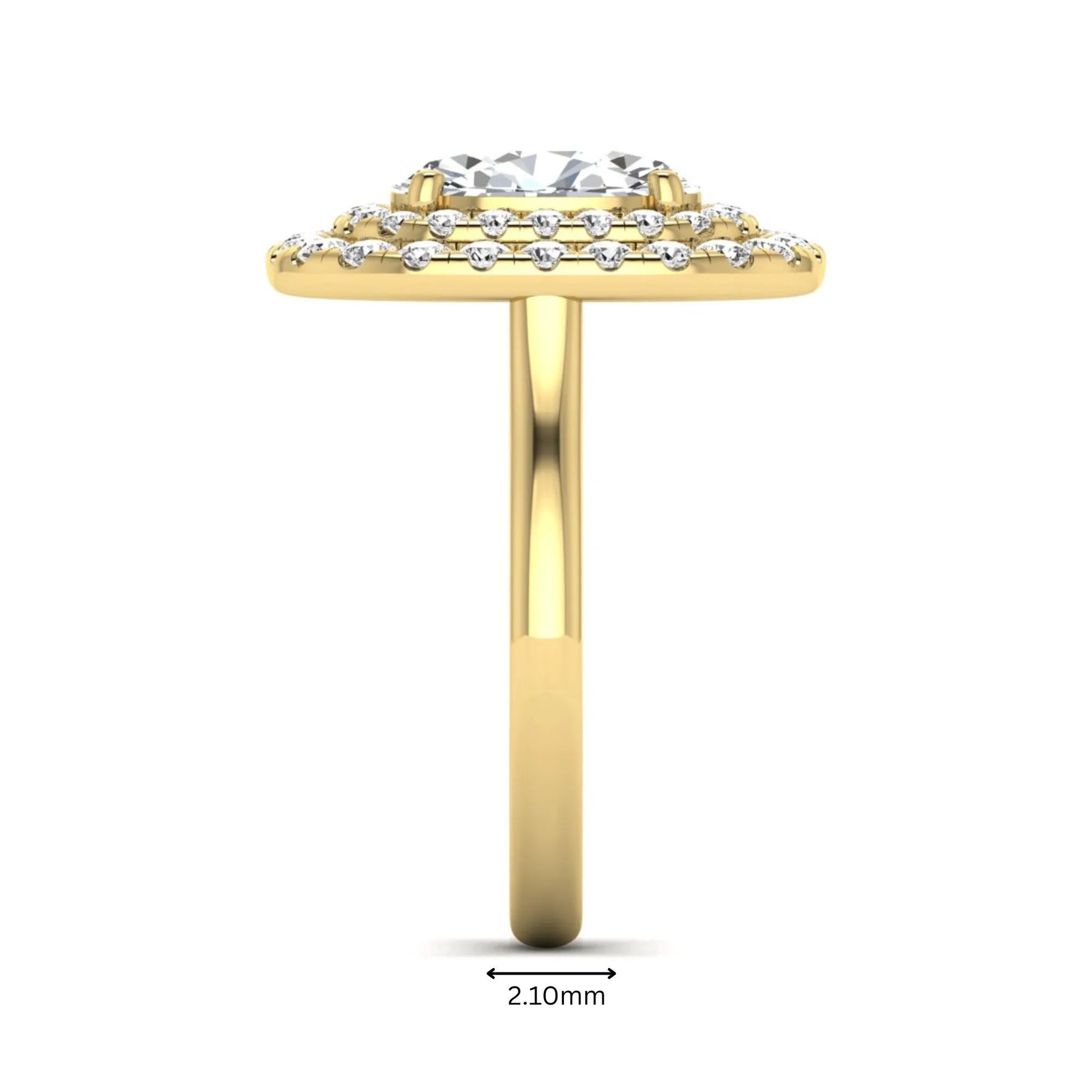 IGI certified oval cut lab grown diamond double halo engagement ring with round accent diamonds in yellow gold.