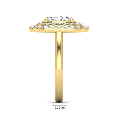IGI certified oval cut lab grown diamond double halo engagement ring with round accent diamonds in yellow gold.