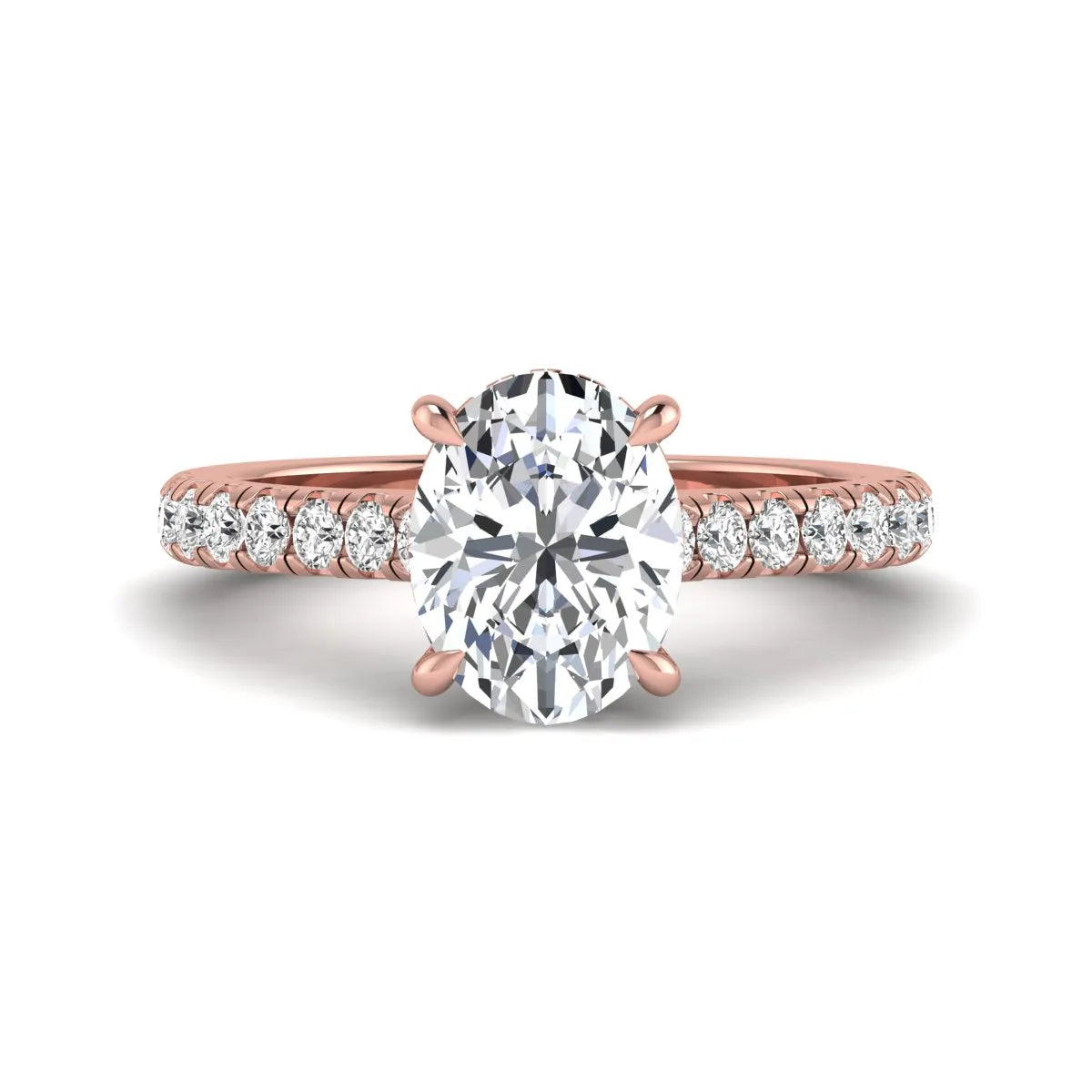 IGI certified oval cut lab grown diamond hidden halo solitaire accent engagement ring in rose gold.