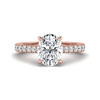IGI certified oval cut lab grown diamond hidden halo solitaire accent engagement ring in rose gold.