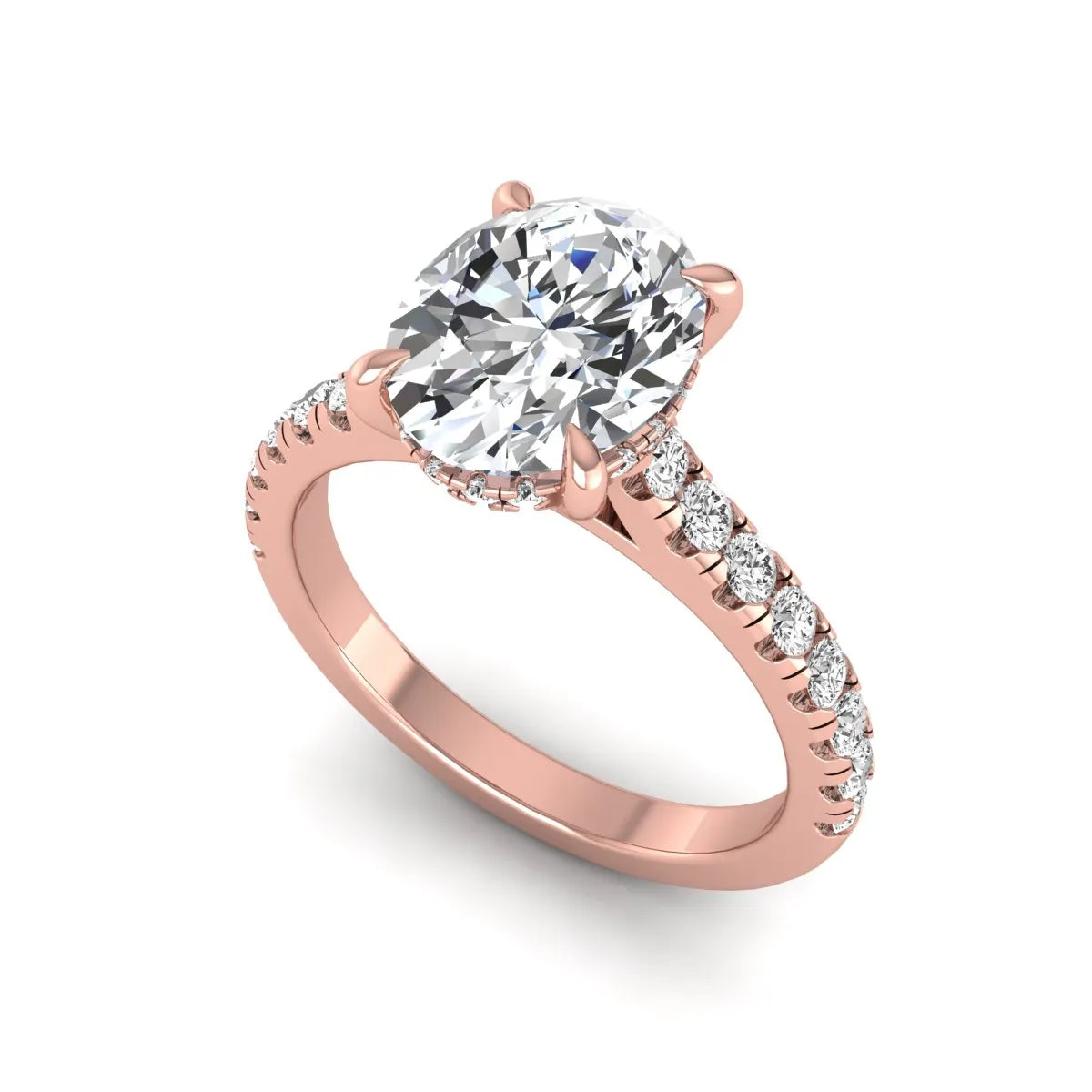 IGI certified oval cut lab grown diamond hidden halo solitaire accent engagement ring in rose gold.
