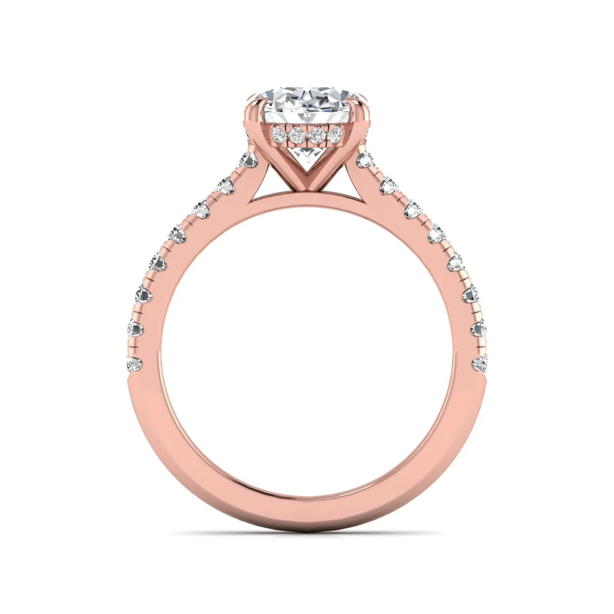IGI certified oval cut lab grown diamond hidden halo solitaire accent engagement ring in rose gold.