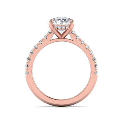 IGI certified oval cut lab grown diamond hidden halo solitaire accent engagement ring in rose gold.