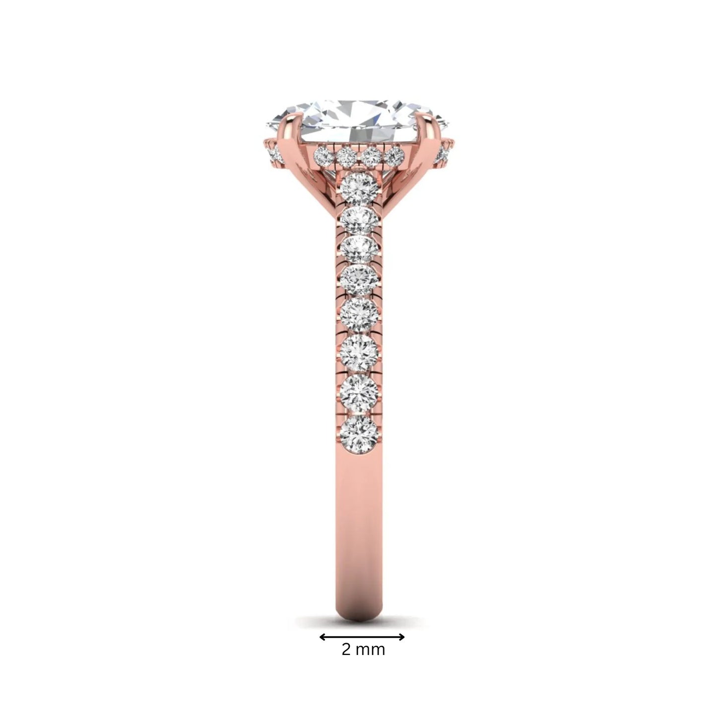 IGI certified oval cut lab grown diamond hidden halo solitaire accent engagement ring in rose gold.