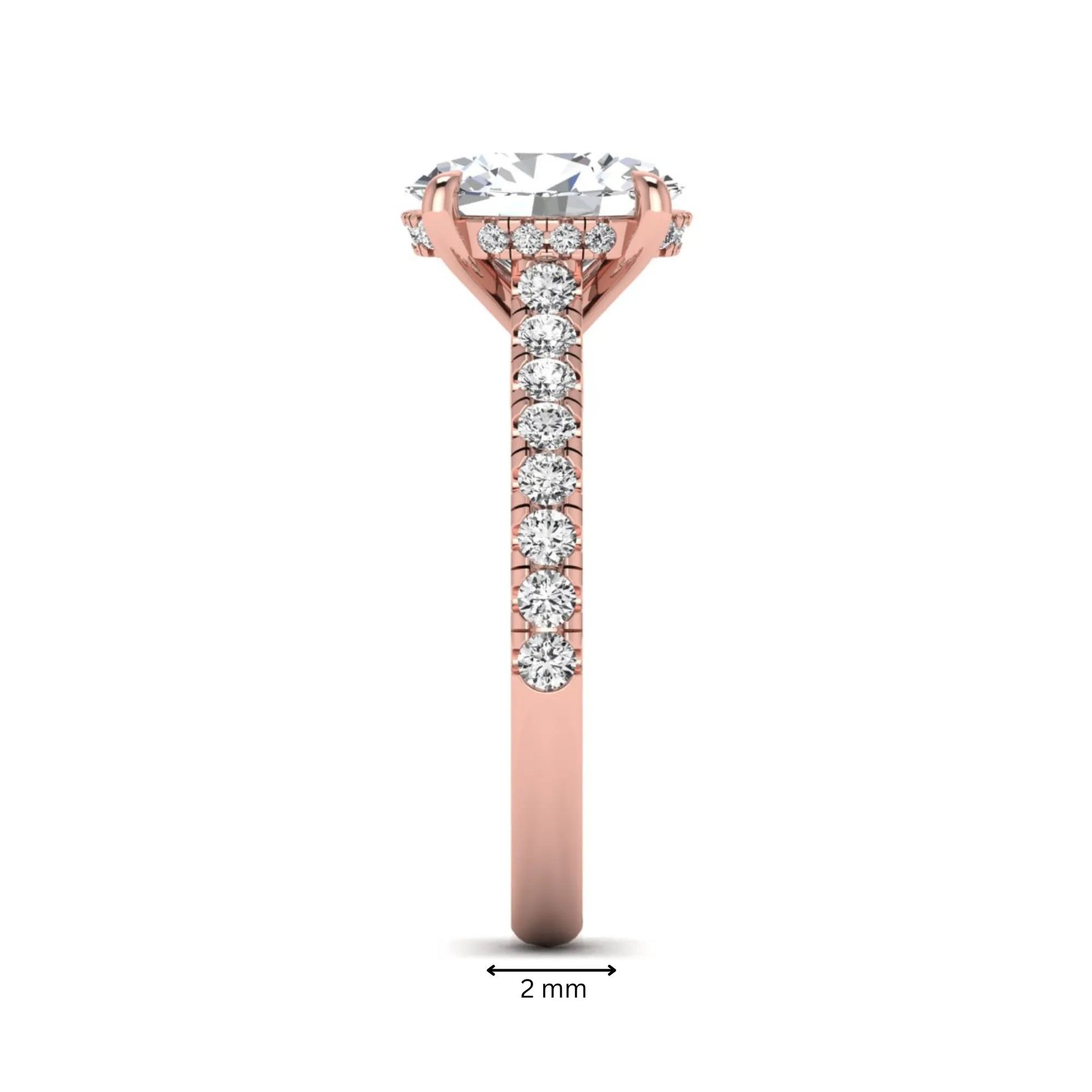 IGI certified oval cut lab grown diamond hidden halo solitaire accent engagement ring in rose gold.