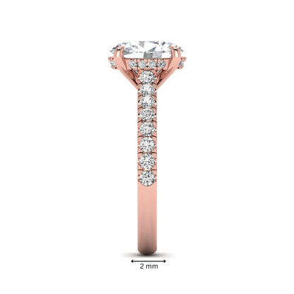IGI certified oval cut lab grown diamond hidden halo solitaire accent engagement ring in rose gold.