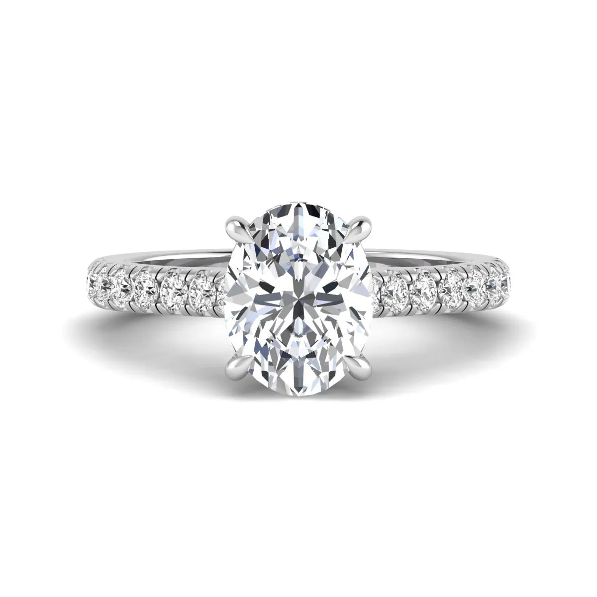 IGI certified oval cut lab grown diamond hidden halo solitaire accent engagement ring in white gold.