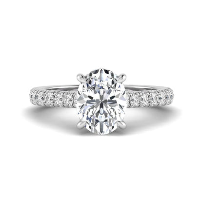 IGI certified oval cut lab grown diamond hidden halo solitaire accent engagement ring in white gold.
