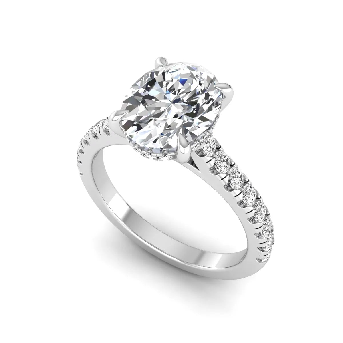 IGI certified oval cut lab grown diamond hidden halo solitaire accent engagement ring in white gold.