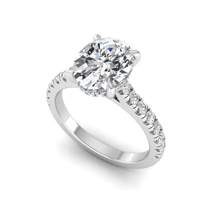 IGI certified oval cut lab grown diamond hidden halo solitaire accent engagement ring in white gold.