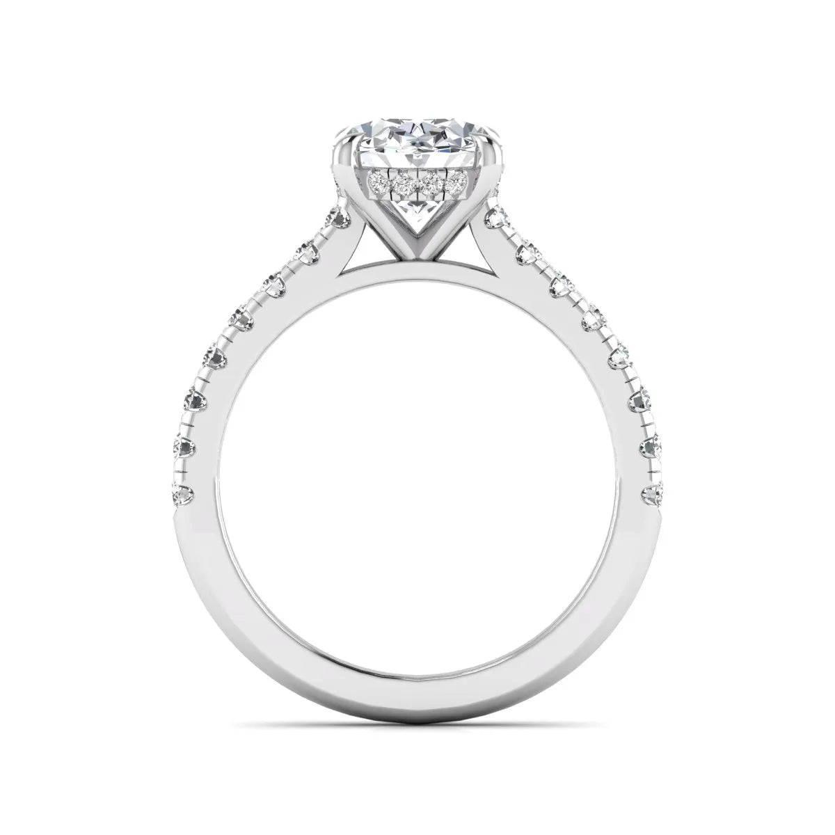 IGI certified oval cut lab grown diamond hidden halo solitaire accent engagement ring in white gold.