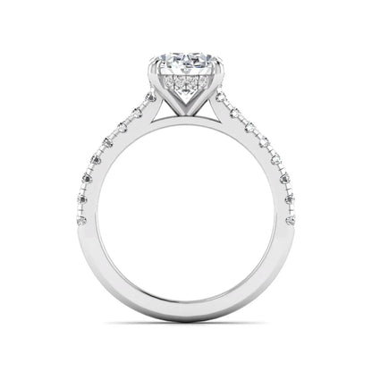 IGI certified oval cut lab grown diamond hidden halo solitaire accent engagement ring in white gold.
