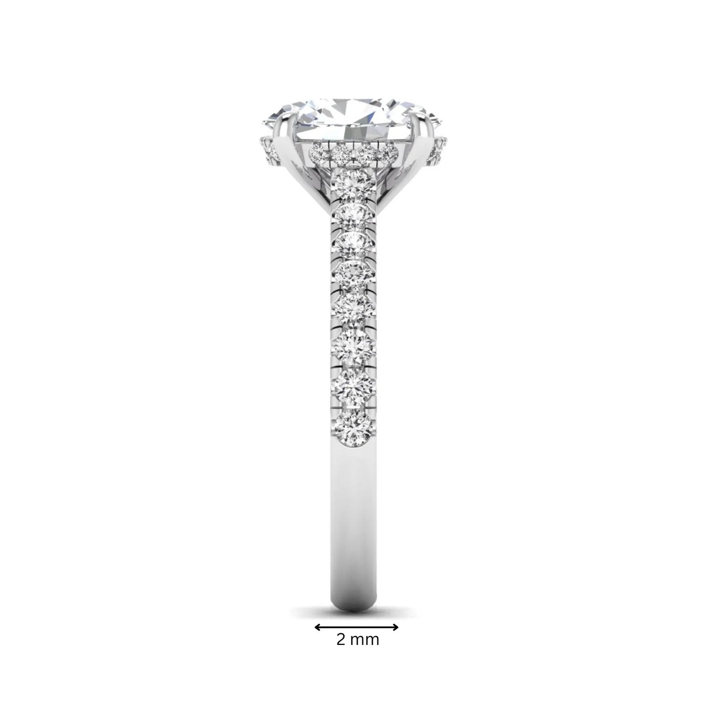 IGI certified oval cut lab grown diamond hidden halo solitaire accent engagement ring in white gold.