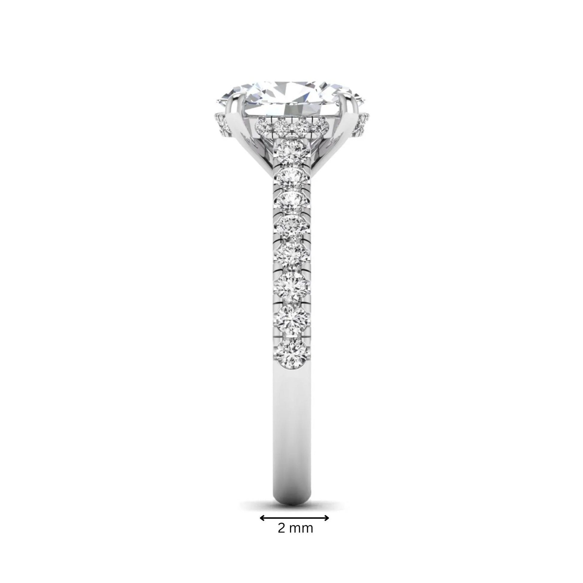 IGI certified oval cut lab grown diamond hidden halo solitaire accent engagement ring in white gold.