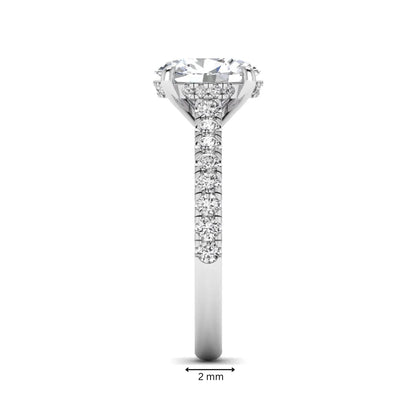 IGI certified oval cut lab grown diamond hidden halo solitaire accent engagement ring in white gold.