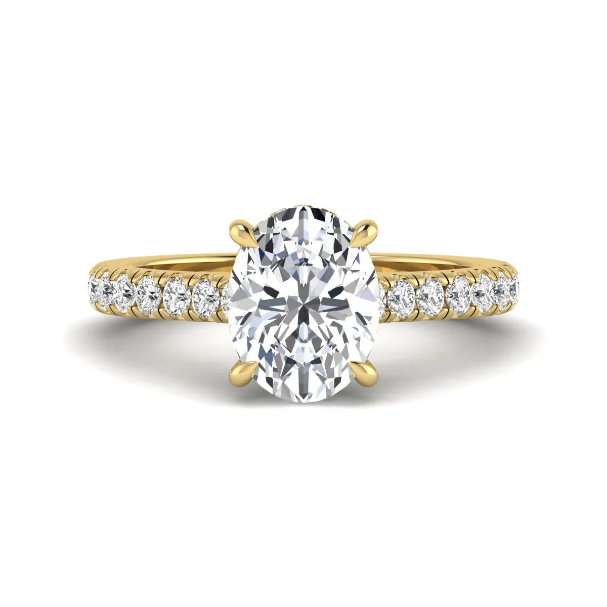 IGI certified oval cut lab grown diamond hidden halo solitaire accent engagement ring in yellow gold.