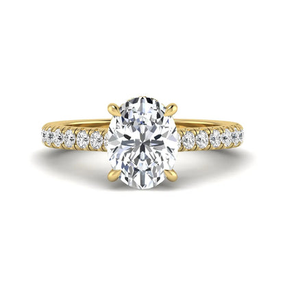 IGI certified oval cut lab grown diamond hidden halo solitaire accent engagement ring in yellow gold.