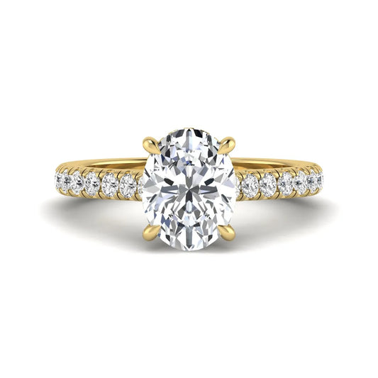 IGI certified oval cut lab grown diamond hidden halo solitaire accent engagement ring in yellow gold.