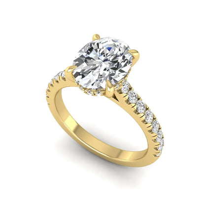 IGI certified oval cut lab grown diamond hidden halo solitaire accent engagement ring in yellow gold.