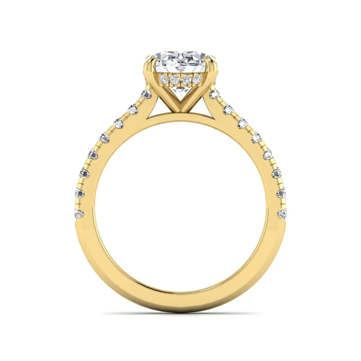 IGI certified oval cut lab grown diamond hidden halo solitaire accent engagement ring in yellow gold.