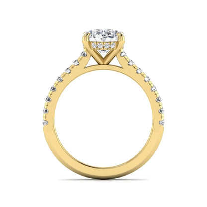 IGI certified oval cut lab grown diamond hidden halo solitaire accent engagement ring in yellow gold.