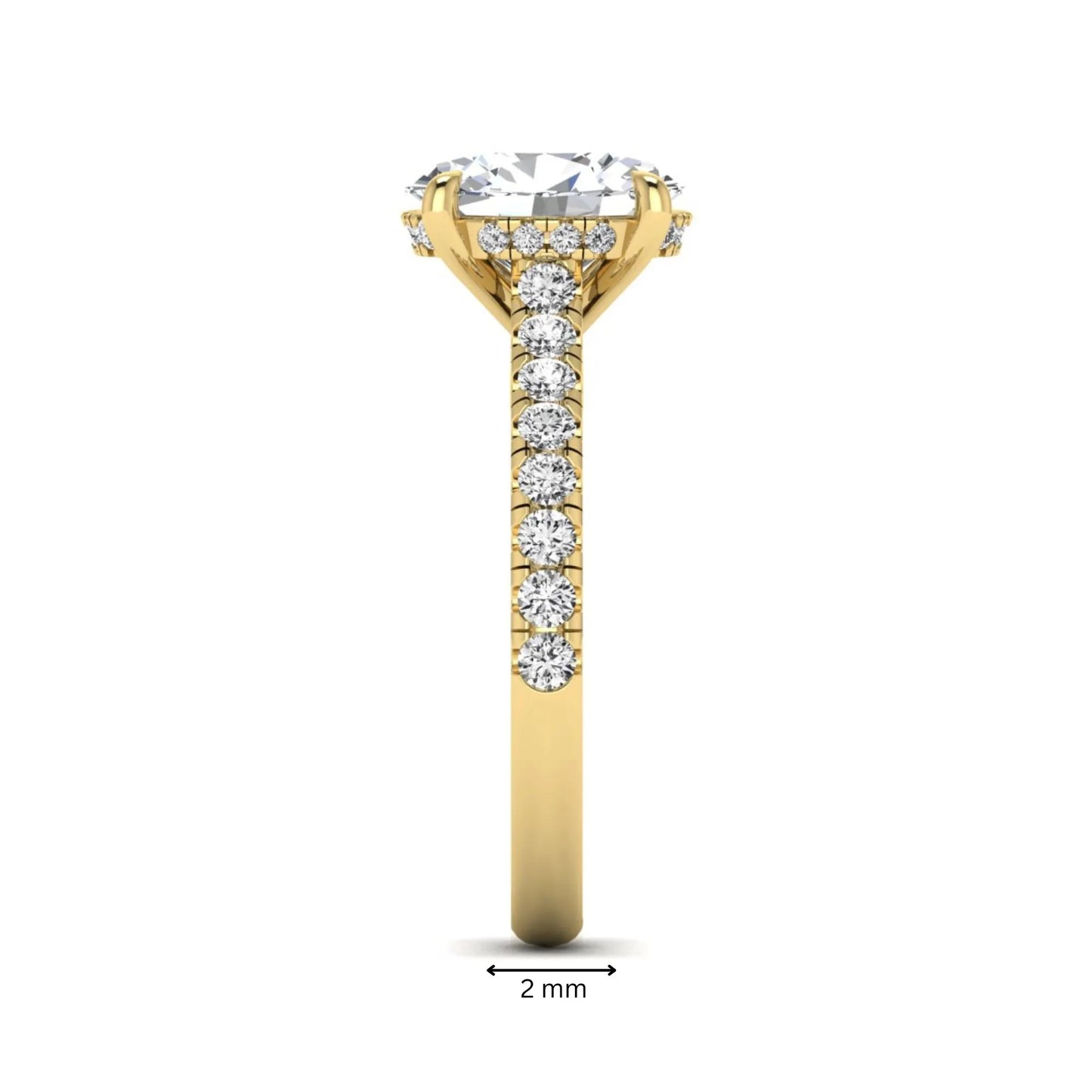 IGI certified oval cut lab grown diamond hidden halo solitaire accent engagement ring in yellow gold.