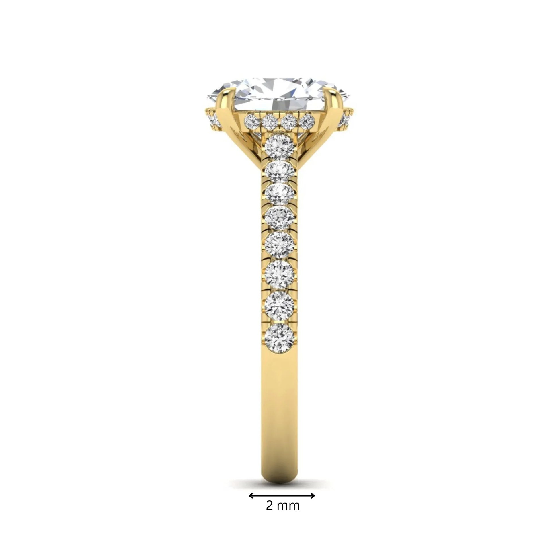 IGI certified oval cut lab grown diamond hidden halo solitaire accent engagement ring in yellow gold.