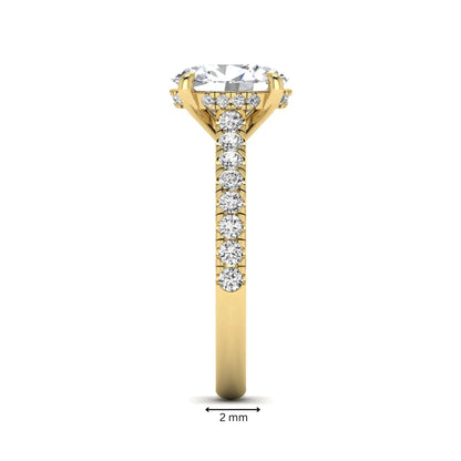 IGI certified oval cut lab grown diamond hidden halo solitaire accent engagement ring in yellow gold.