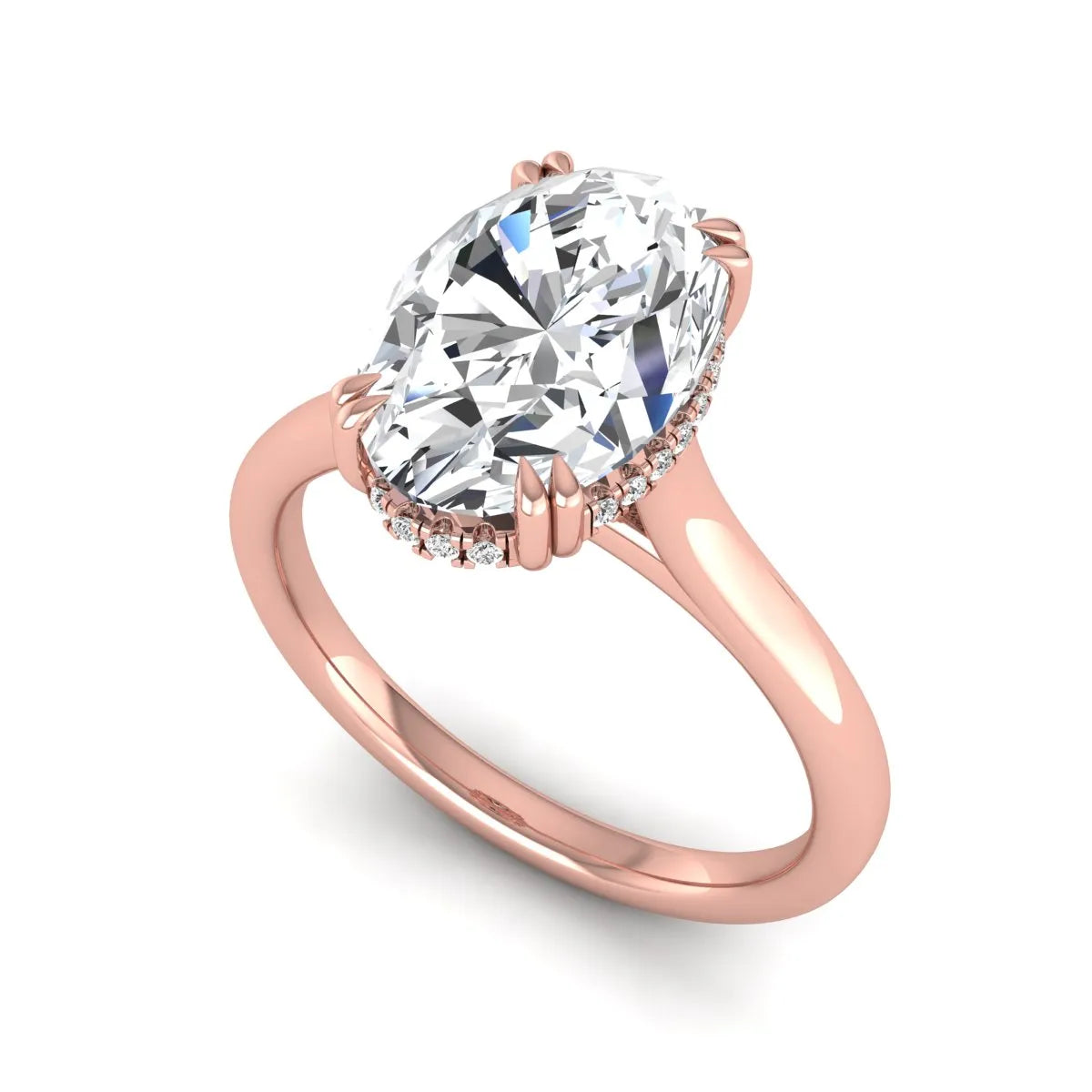 Oval cut hidden halo lab grown diamond engagement ring with double claw prongs in rose gold.
