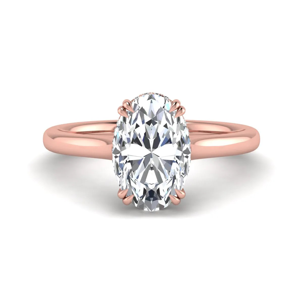 Oval cut hidden halo lab grown diamond engagement ring with double claw prongs in rose gold.