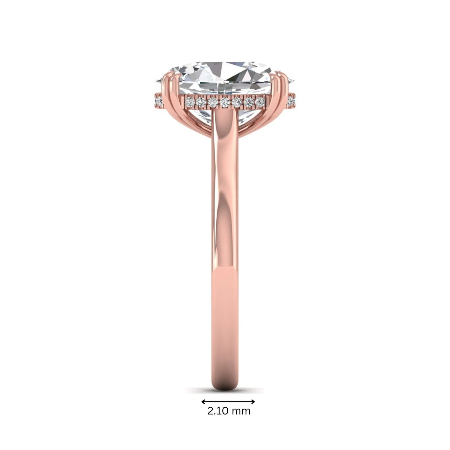Oval cut hidden halo lab grown diamond engagement ring with double claw prongs in rose gold.