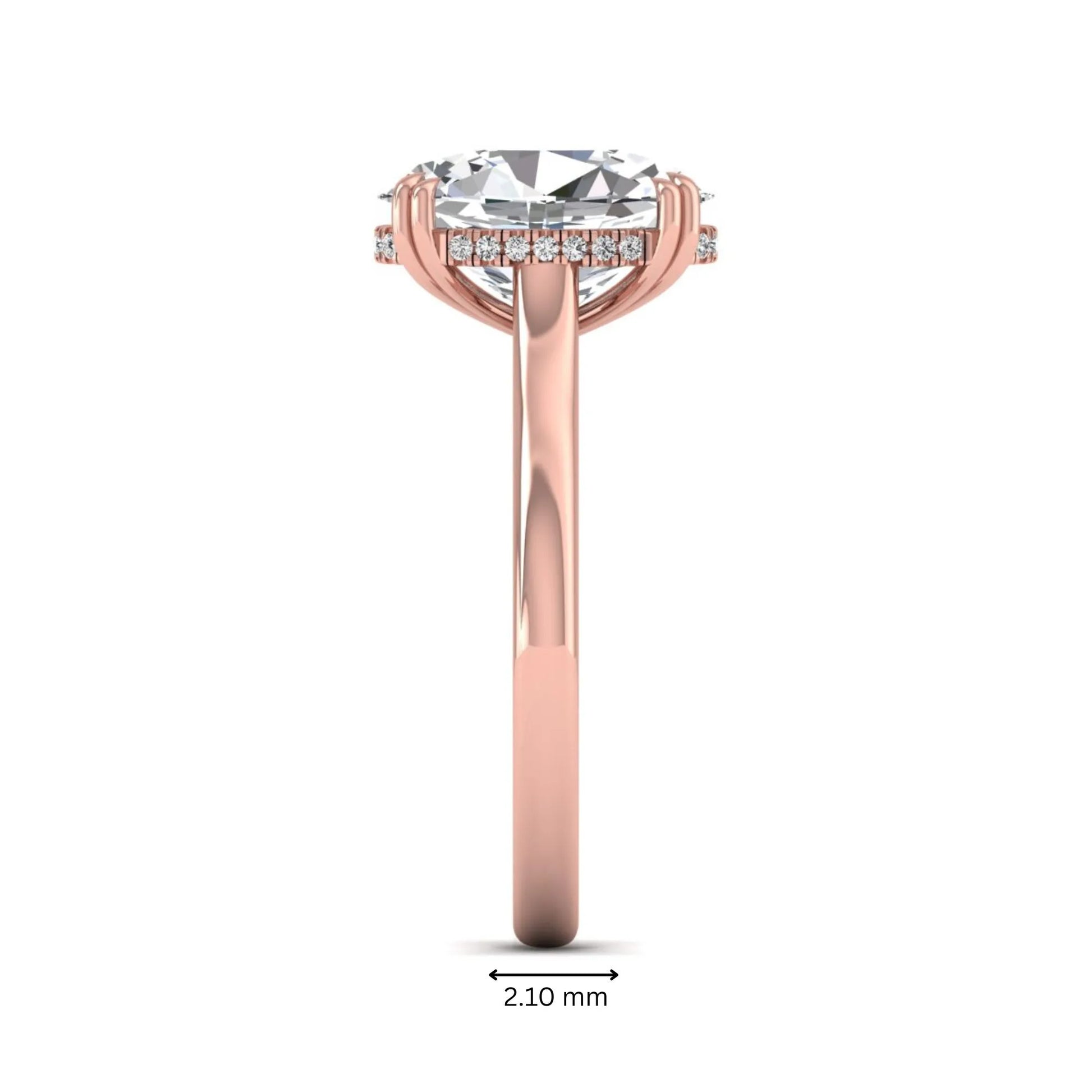 Oval cut hidden halo lab grown diamond engagement ring with double claw prongs in rose gold.